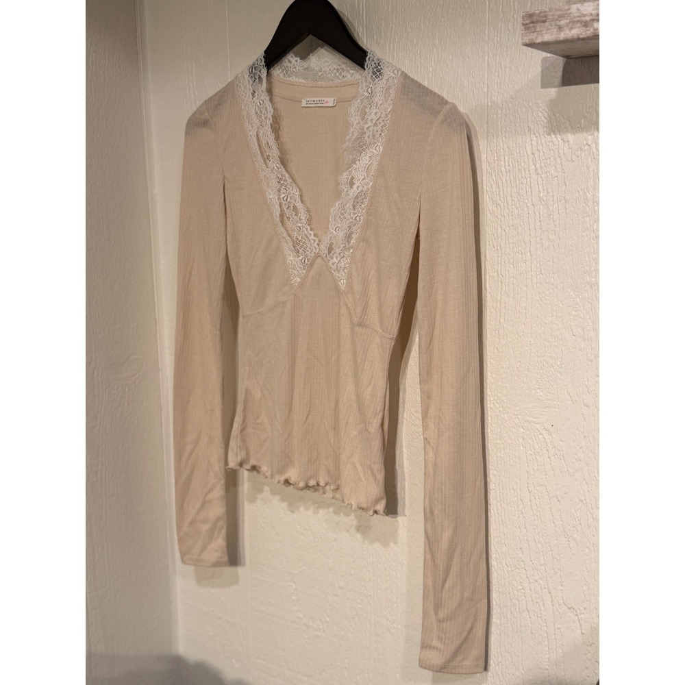 Intimately Free People Lace Trim Ribbed V-Neck Long Sleeve Top Beige XS/S